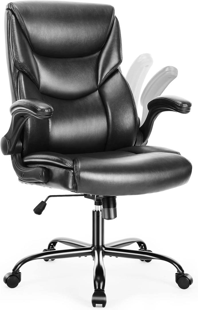 DUMOS PU Leather Office Chair - Ergonomic Executive Computer Desk Chairs with Adjustable Flip-up Armrest, Swivel Task Chair with Lumbar Support, Strong Metal Base,Inky, 1pc