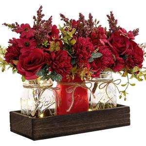 BLEUM CADE Centerpiece Table Decorations - Mason Jar Lights Centerpiece for Kitchen Dining Table Farmhouse Coffee Table Wedding Home Decor with 3 Jars Artificial Flowers & Wood Tray (Burgundy-dahlia)