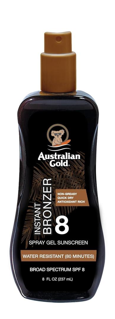 Australian Gold Spray Gel Sunscreen with Instant Bronzer SPF 8, 8 Ounce (8 Fl Oz (Pack of 1)) Australian Gold Spray Gel Sunscreen with Instant Bronzer SPF 8, 8 Ounce (8 Fl Oz (Pack of 1))