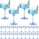 24-Pack Plastic Cocktail Glasses – 10oz Dusty Blue Ribbed Premium Disposable Coupe Champagne Cups with Detachable Stem & Base – Party & Event Drinkware