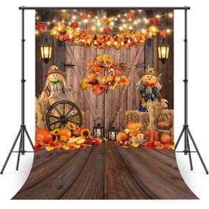 Avezano Fall Thanksgiving Backdrop Maple Leaves Pumpkin Barn Door Photography Backdrop Haystack Scarecrow Fall Baby Shower Party Banner Decorations (5x7 ft, 59x83 inch)