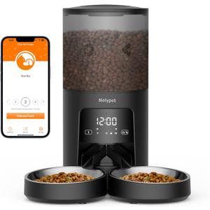 Automatic Cat Feeder 2 Cats - 5G WiFi Pet Feeder with APP Control, 6L Dry Food Dog Feeder with Low Food & Blockage Alarms, 1-10 Meals Per Day (5G Wi-Fi Double Bowls, Black)