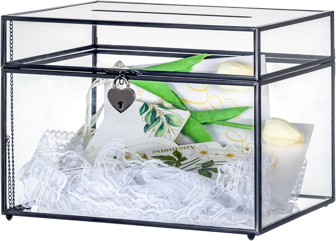 NCYP Large Wedding Glass Cards Box with Slot and Lock for Reception - 12x9.4x8.4 Inch - Keepsake Card, Envelope Holder - Birthdays Party Decor, Centerpiece, Black (Glass Box Only)