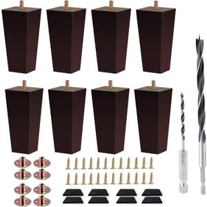 Sofa Legs Square Bed Feet 5 inch Wood Replacement Leg for Furniture Set of 8, Dark Brown