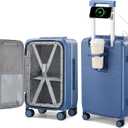 Hanke 24 Inch Luggage with Cup Holder and Charge,Top Opening Hard Shell Suitcases with Wheels and Dividers,Aluminum Frame Trunk Luggage Medium Checked Suitcase with Lock for Travel,Interstellar Blue