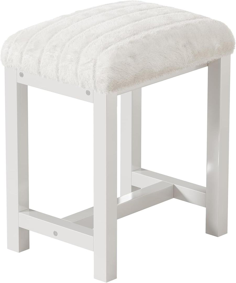 Small Vanity Stool, Cute Vanity Stools with Soft Faux Rabbit Fur Cushion, White Makeup Vanity Chair for Small Spaces, Living Room, Bedroom, Entryway, Ottoman Foot Rest for Couch Sillas Modern, White