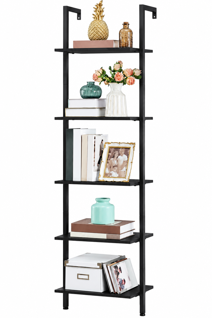  Ladder Shelf, White 5-Tier Wood Wall Mounted Bookcase, Modern Open Display Rack, Storage Shelves for Bedroom, Home Office, Living Room  183cm