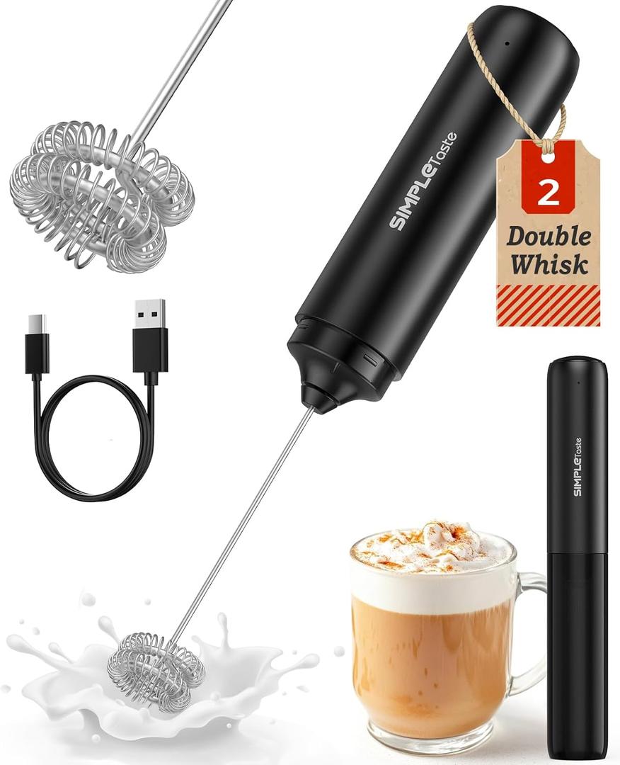 SIMPLETaste Rechargeable Milk Frother Wand Handheld, Dual Coil Whisk Head Drink Mixer, USBC Electric Whisk with Stainless Steel Whisk for Coffee, Lattes, Cappuccino, Matcha, Hot Chocolate& Creamer