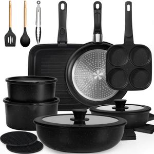 KIKCOIN 24 Pack Pots and Pans Set Non Stick, Detachable Handle Cookware Set, Induction RV Kitchen Cooking Set with Removable Handle, Frying Pans, Egg Pan - Dishwasher/Oven Safe, PFOA Free (Black)