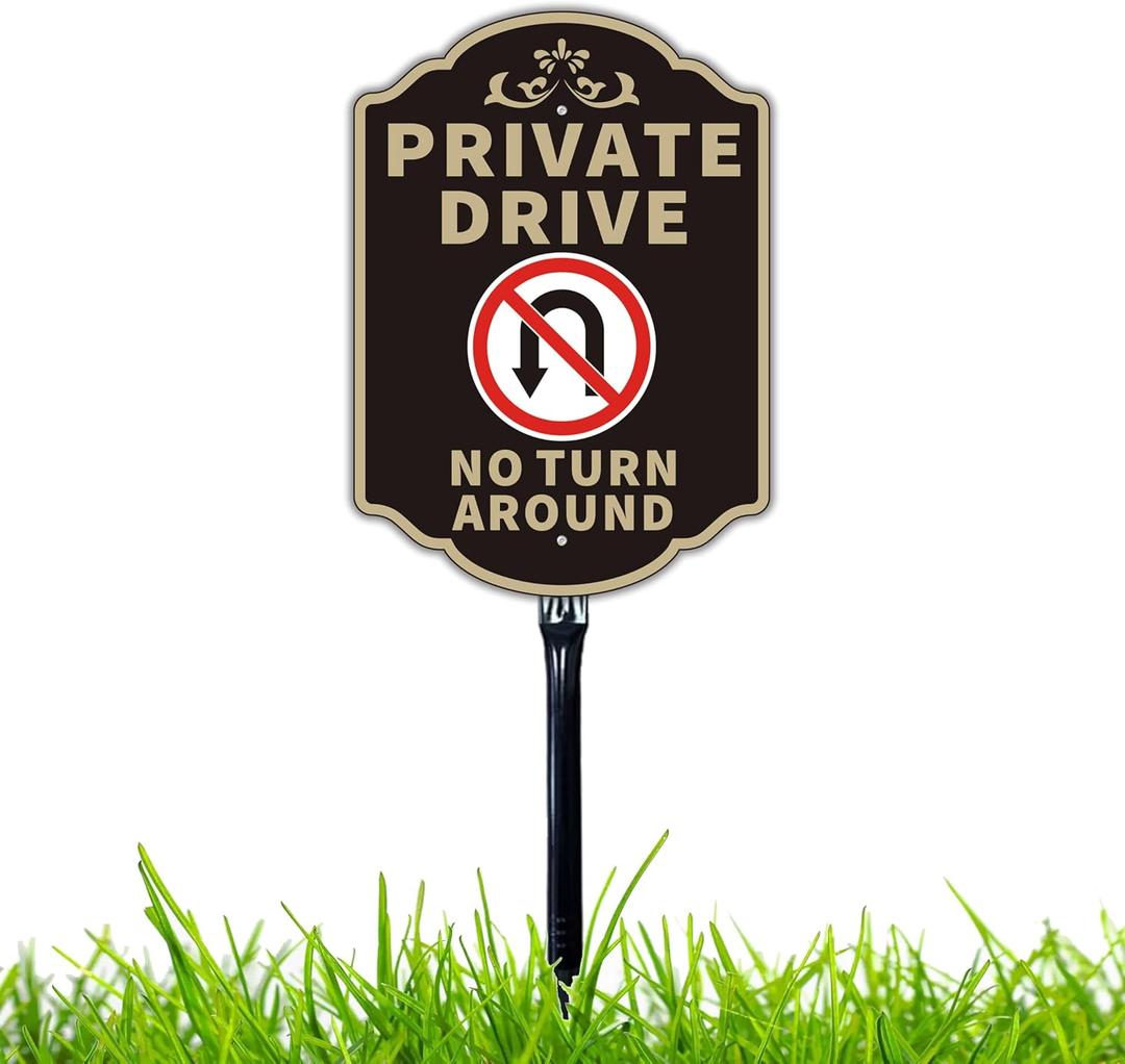 Large Private Drive No Turn Around Sign, 14x10 Private Road Reflective Warning Signs with 36Strong Steel Stake Rust Free Heavy Duty Aluminum Easy Installation for Outdoor Use