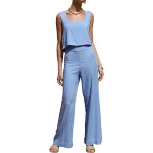 ROYLAMP Women's Summer 2 Piece Outfits Sleeveless Square Neck Tops Wide Leg Pants set Jumpsuit with Pockets (Blue, S)