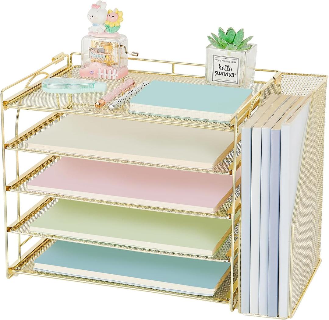 AUPSEN Gold Desk Accessories Organizer,5-Tier Letter Tray Paper Organizer with Adjustable File Holder, Desktop Office Desk Accessories for Office Supplies