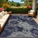 MontVoo Outdoor Rug-Waterproof Patio Rug Mat 5x8 Outdoor Carpet Mat Reversible Plastic Straw Outside Outdoor Rug for RV Camping Picnic Beach Balcony Backyard Pool Deck Farmhouse Floral Navy Blue