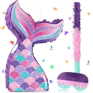 Mermaid Pinata Mermaid Tail Pinata with Blindfold Stick Mermaid Birthday Game Decorations for Girls Birthday Party Supplies(15.3" x 9.92" x 3.14")