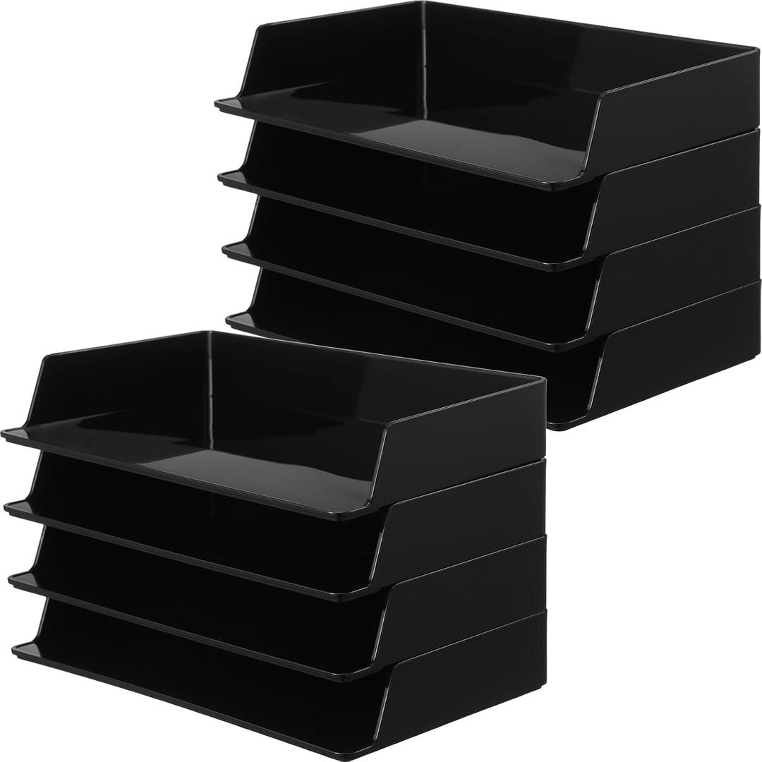 Fuyoooo Paper Organizer for Desk Stackable Plastic Paper Tray Office Organization and Storage 9.37 x 5.91 x 1.57 Inch Stacking File Rectangular Letter Tray for Office Desktop(Black,8 Pcs)