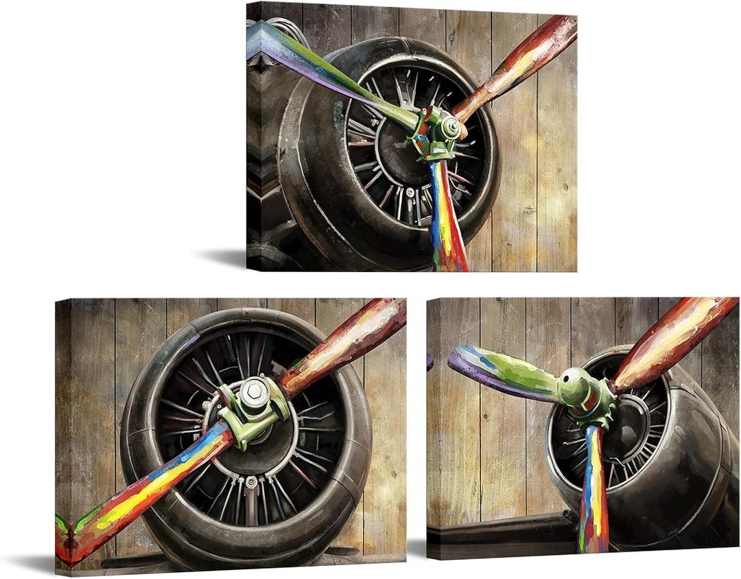 iKNOW FOTO 3 Pieces Vintage Airplane Propeller Canvas Wall Art Plane Engine Artwork Rustic Aircraft Painting Print Pictures for Office Man Cave Decor Each Panel 12x16inch (Small)