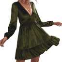 ROYLAMP Women's Dresses Velvet Deep V-Neck Long Sleeve Ruffle Mini Swing Sexy Cocktail Shift Dress (Medium, Dark Green)