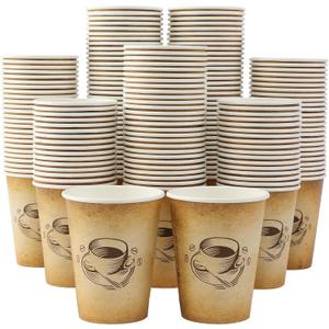 300 Pack 12oz Paper Coffee Cups, Hot/Cold Beverage 12oz Disposable Coffee Cups, Retro Design, Leak-Proof, Hot or Cold Drink, Cocoa, Chocolate, Coffee Bar Supplies
