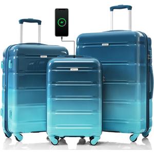 Merax Luggage Sets, ABS Hardshell Suitcase Spinner Wheels with USB Port TSA Lock, Lack Blue and Blue, 20/24/28 Inch