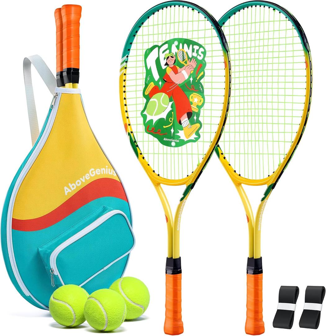 AboveGenius Kids Tennis Racket Set, 25 inch Tennis Racket for Toddler Youth Starter Kit, 3 Balls, 2 Lightweight Racquets with Easy Carrying Shoulder Strap Bag