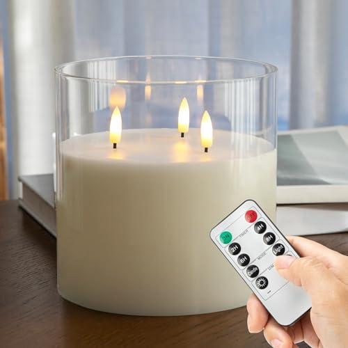 AFINETH Extra Large Flameless Candles with 3 Wicks, 6"x6" Glass Battery Operated Candles with Remote, Real Wax Flickering LED Candles Fake Candle for Home, Wedding, Party, Clear : Tools & Home Improvement