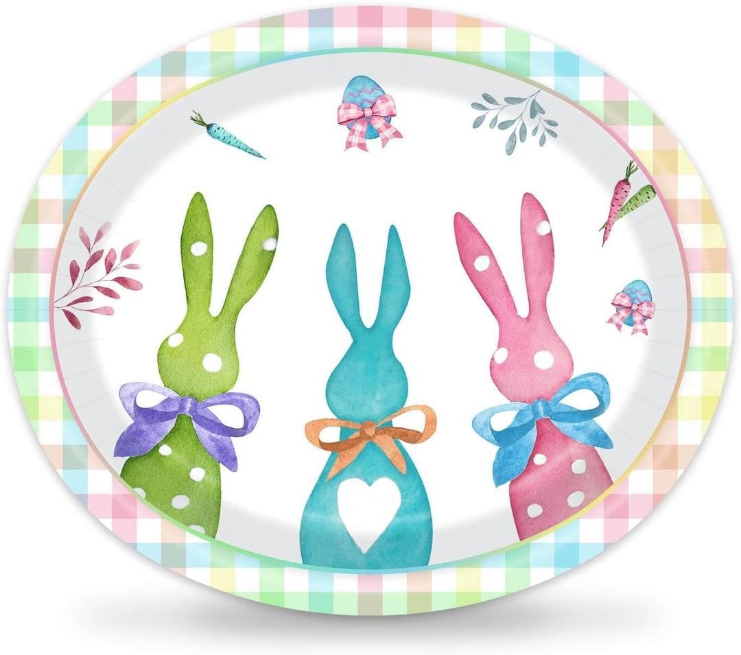 Vanulus 50Pcs Easter Large Oval Paper Plates 10" x 12" Buffalo Plaid Spring Easter Eggs Bunny Disposable Serving Dishes for Happy Easter Holiday Dinner Party Gatherings Celebrations