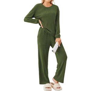 Ekouaer Lounge Sets for Women Ribbed Knit Pajama Sets 2 Piece Long Sleeve Pjs Soft Loungewear Outfits with Pockets (XX-Large, Army Green)