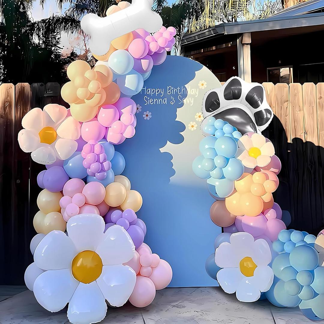 Blue Balloons Arch Kit 140pcs Pastel Blue Pink Purple Blush Balloon with Dasiy Bone Dog Paw Foil Balloons for Boys Girls Blue Puppy Theme Baby Shower Birthday Party Decorations