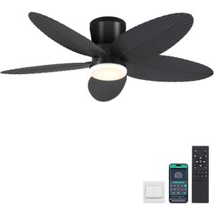 Surtime Palm Leaf Ceiling Fans with Lights-42 Tropical Ceiling Fan with Light and Remote/APP Control,Flush Mount Low Profile Black Ceiling Fans for Bedroom,Indoor/Outdoor Patio Use