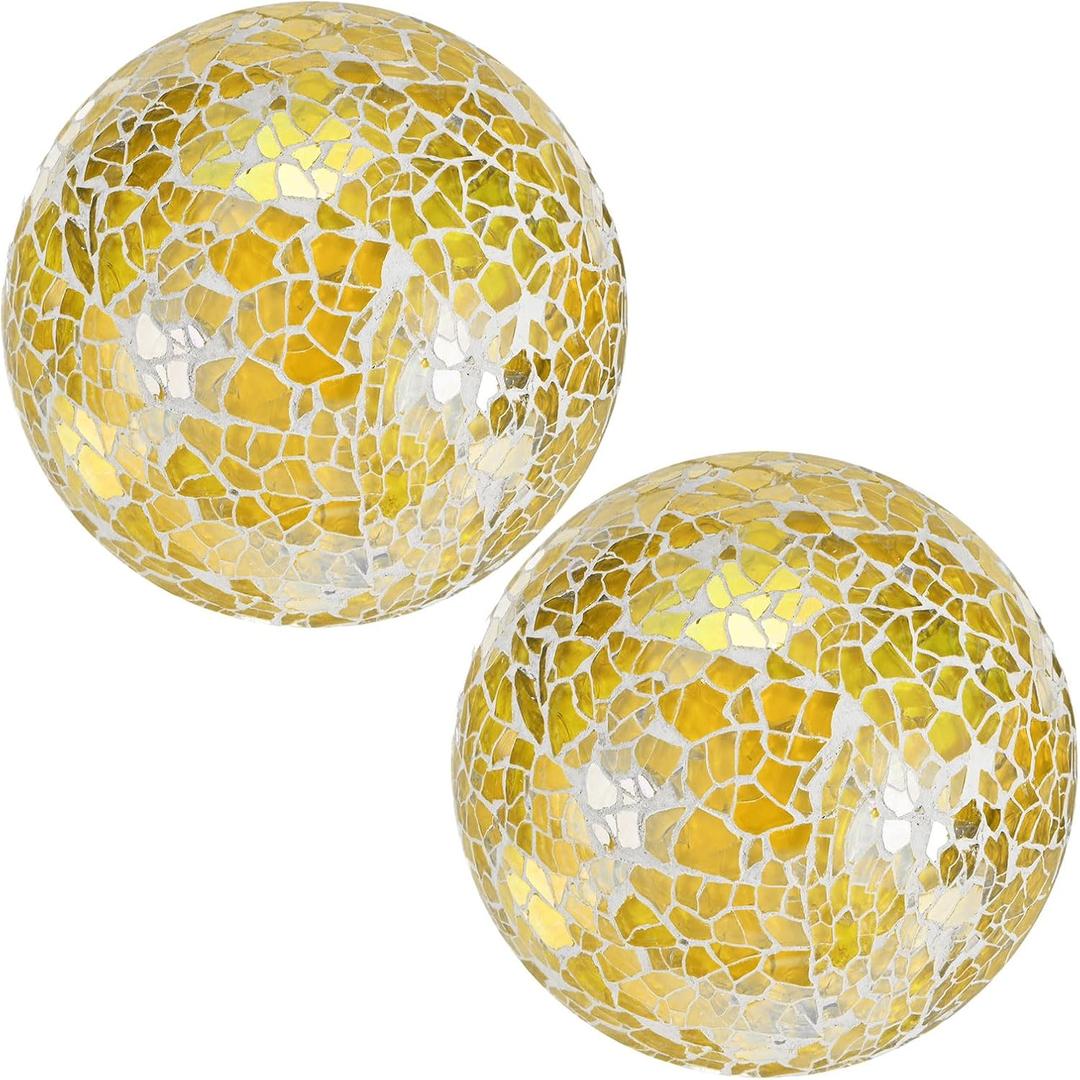M METERXITY 2-Pack Decorative Ball for Bowls, 4 Inch Mosaic Glass Balls Decorative Glass Orbs for Home Decor/Dining Tables/Wedding Party/Coffee Table/Centerpiece Decor [Yellow]