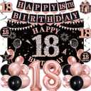 18th Birthday Decorations for Girls,52Pcs PRE-STRUNG Rose Gold Black Party Set-18 Years Old Crown and Sash,Banner,Hanging Swirl,Backdrop Decor,CakeTopper,Age Candle, Balloons, Pom Poms,PRE-ASSEMBLED (18th Rose Gold Black)