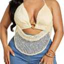 Women's Plus Size Textured Halter Top Metal Ring Open Back Sleeveless Y2K Party Tops Clubwear (White, XXXL)