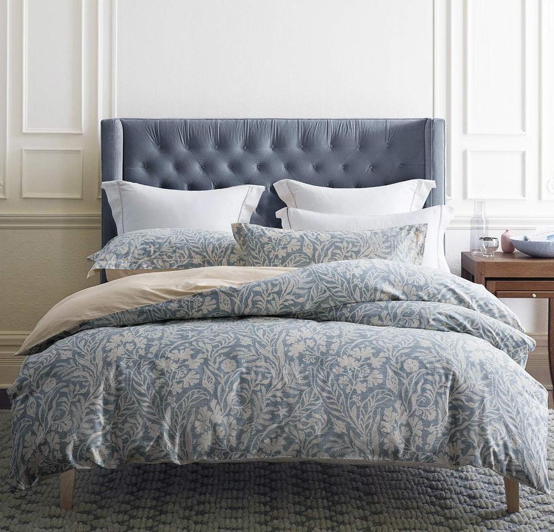 SLEEPBELLA Duvet Cover King Size, 600 Thread Count Cotton Beige & Bluish Grey Printed with Luxurious Leaves Pattern Reversible Botanical Comforter Cover Sets, Bedding Set 3Pcs (King, Beige Paisley) (King 104"x90")