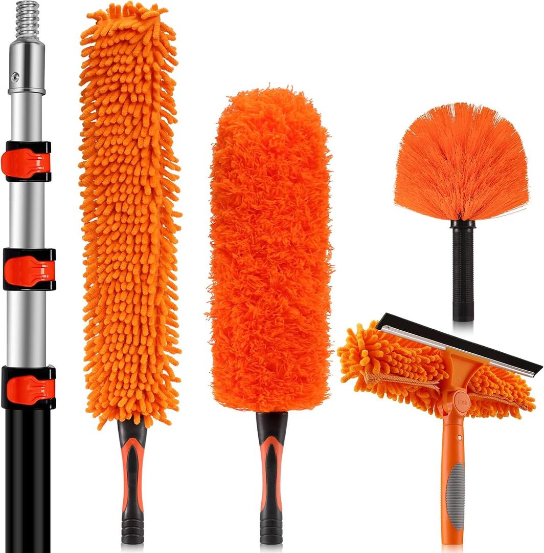 PuliKit 20ft High Ceiling Duster Kit with Heavy-Duty Extension Pole | Washable Cobweb Duster, Microfiber Ceiling Fan Duster, 2-in-1 Window Squeegee & Washer for Home Ceiling High Reach Cleaning