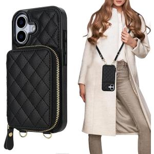 Bocasal Crossbody Wallet Case for iPhone 17, RFID Blocking PU Leather Zipper Handbag Purse Flip Cover, Kickstand Folio Case with Card Slots Holder Wrist Strap Lanyard 5G 6.3 Inch (Black)