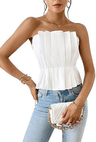 SweatyRocks Women's Strapless Pleated Tube Top Elegant Summer Flare Hem Crop Tank Tops, Large