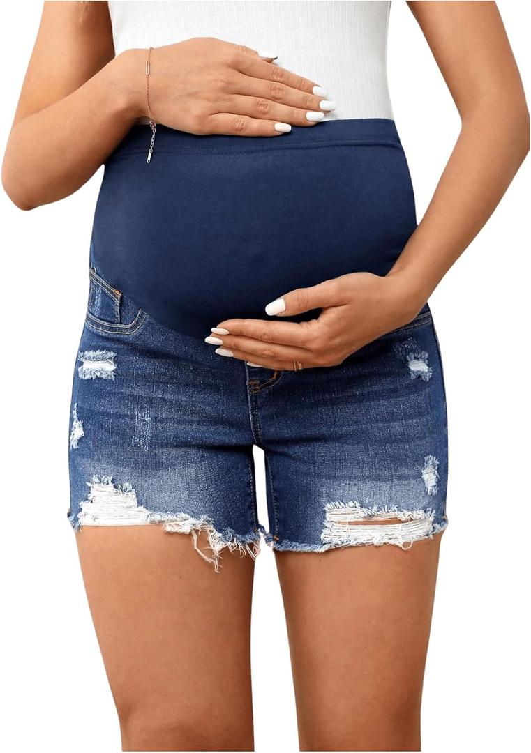 Women's Maternity Ripped Raw Hem Skinny Shorts Elastic Waist Jeans Pregnant Denim Shorts (XX-Large)