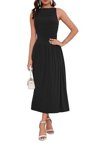 LUNAMODA 2026 Summer Formal Dresses for Women Casual Ruched Maxi Dress Sleeveless Drop Waist Boat Neck Long Flowy Sundress Black, Medium