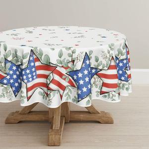 Horaldaily 4th of July Tablecloth 70x70 Inch Round, Patriotic Eucalyptus Star Independence Day Memorial Day Table Cover for Party Picnic Dinner Decor (White)