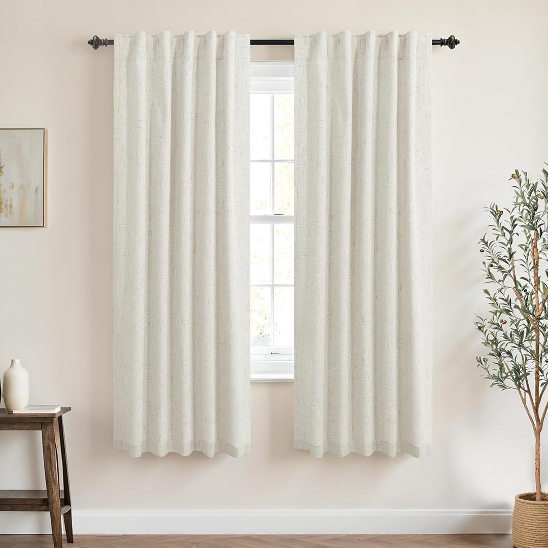 KOUFALL 64 Inch Length Linen Blackout Curtains for Bedroom 2 Panels Set Back Tab Rod Pocket Black Out Curtains 42x64 in Long