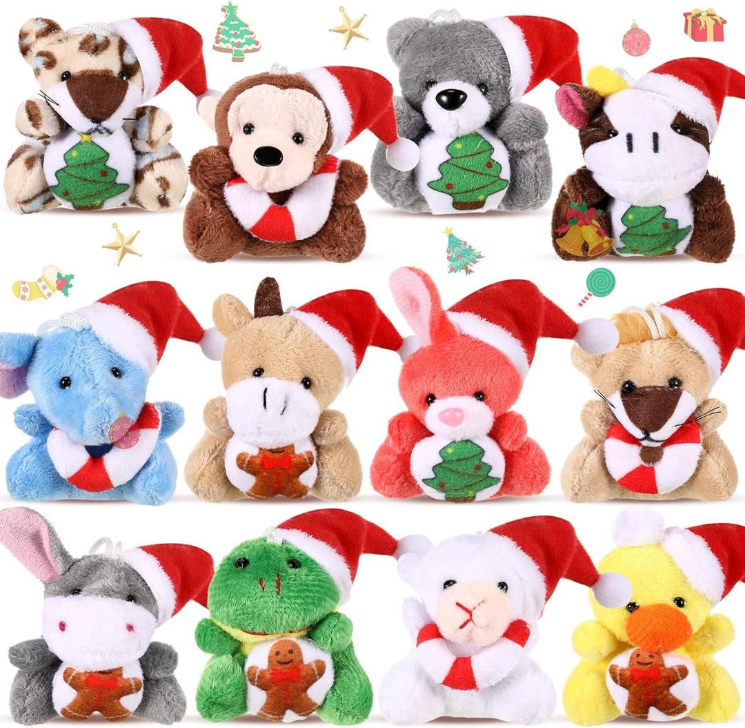 12 Pcs Mini Christmas Stuffed Animal Plush Toys Plush Keychain with Santa Hat Tiny Xmas Doll Ornaments Christmas Tree Decor for Party Favors Classroom Prize Stocking Fillers
