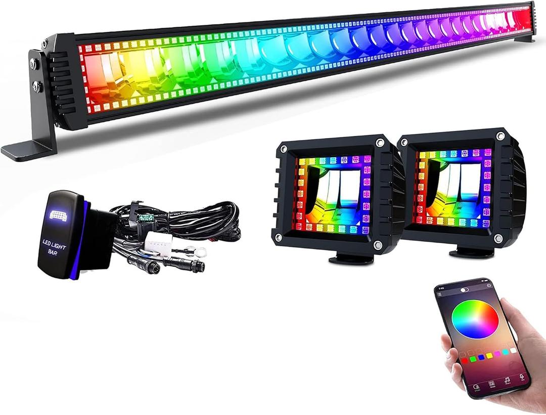 Lpteso RGBW LED Light Bar 50 inch 288W Flood Spot Combo Beam 2PCS 4 Inch 18W Flood RGB LED Pods with 16 Solid Colors Chasing RGB Halo Ring Changing with Strobe Flashing with Rocker Switch Wiring