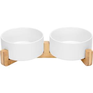 SPUNKYJUNKY Ceramic Dog and Cat Bowl Set with Wooden Stand, Modern Cute Weighted Food Water Set for Large Size Dogs (7.6 Cups, 2 White)
