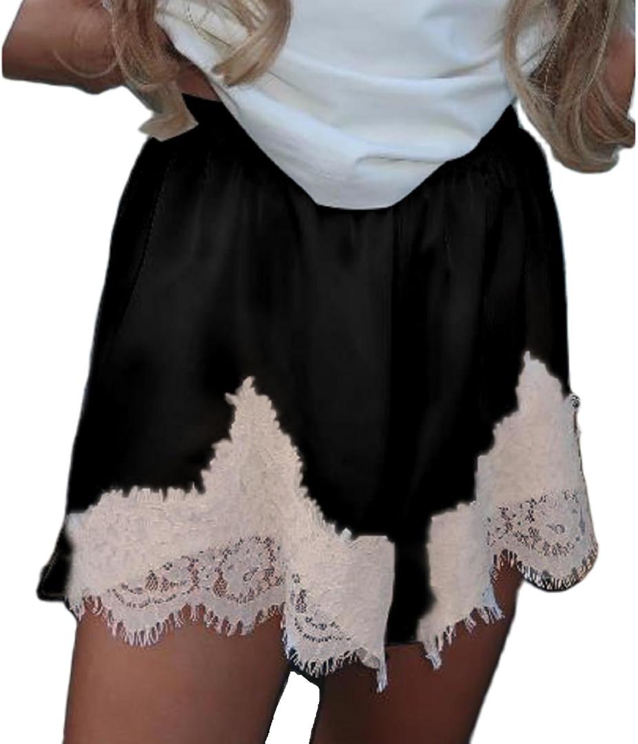 Women Satin Silk Lace Shorts Lace Trim Satin Pettipants Elastic Waist Silk Slip Shorts Lounge Bottoms (S)
