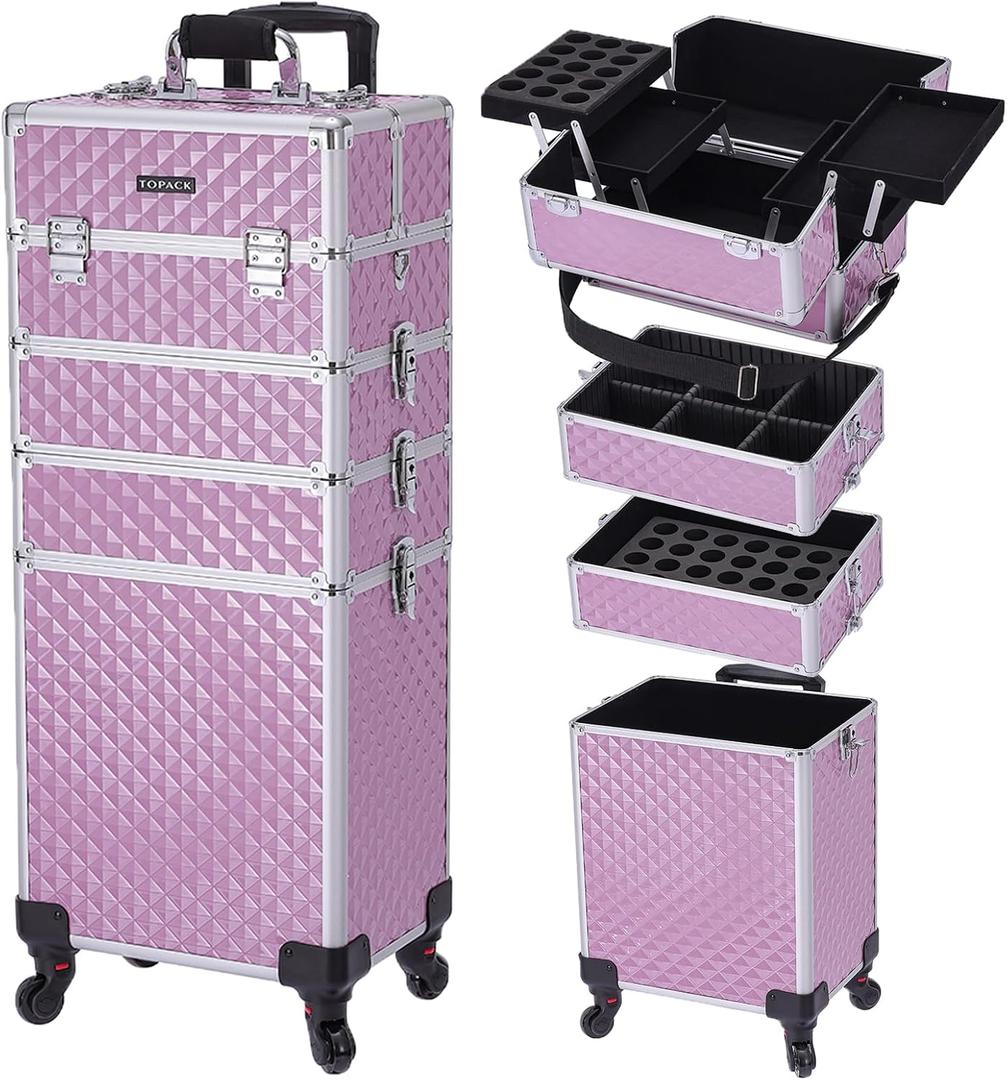 TOPACK Professional 4-In-1 Rolling Makeup Train Case, Large Makeup Travel Case with Key Shoulder Strap/Handle Cushion I Makeup Train Case Organizer I Cosmetology Case on Wheels I Pink