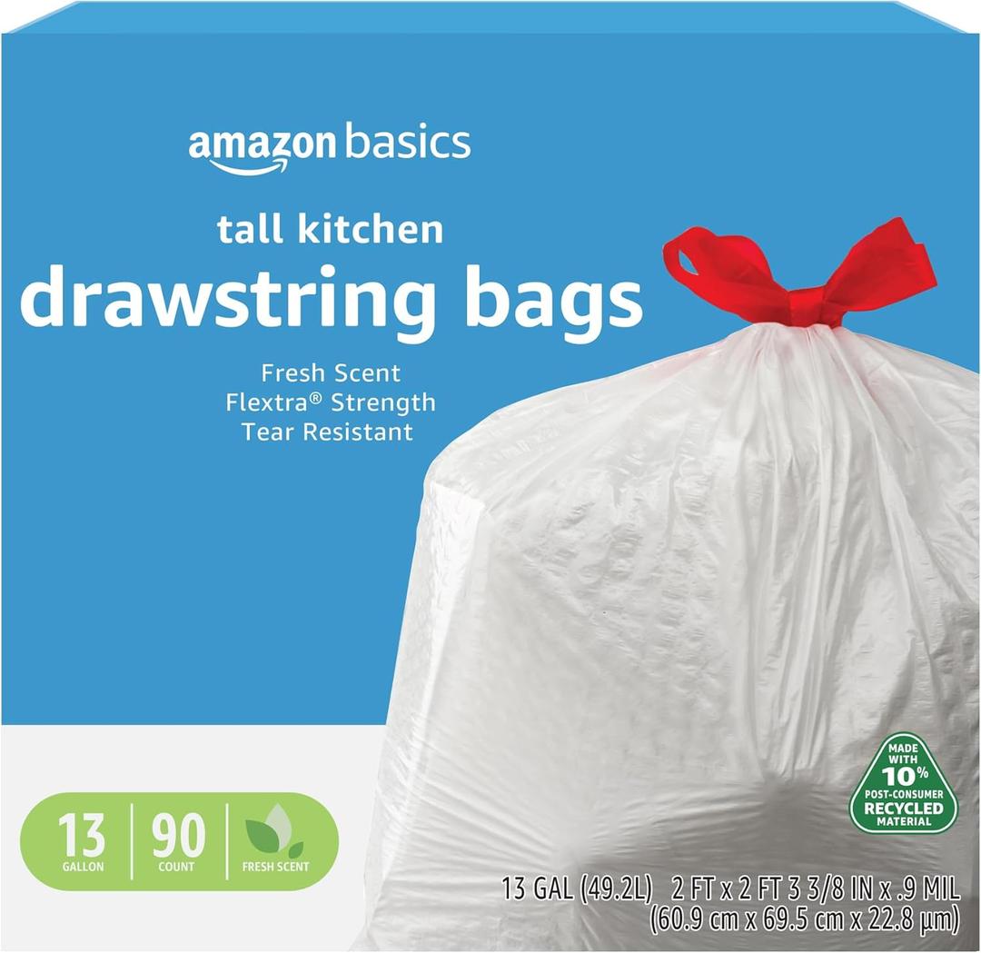 Amazon Basics 13 Gallon Tall Kitchen Drawstring Trash Bags, Flextra Strength, Tear Resistant, Puncture Resistant, 10% Post Consumer Recycled, 90 Count, White