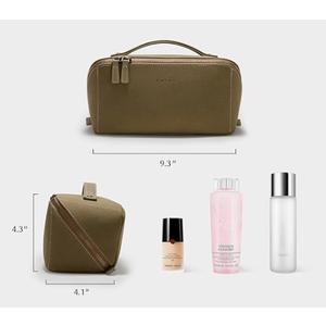 EACHY Leather Makeup Bag, Portable 180° Wide-Open Flat Cosmetic Bag for Women, Large Capacity Make Up Organizer Makeup Pouch with Divider and Handle, Khaki