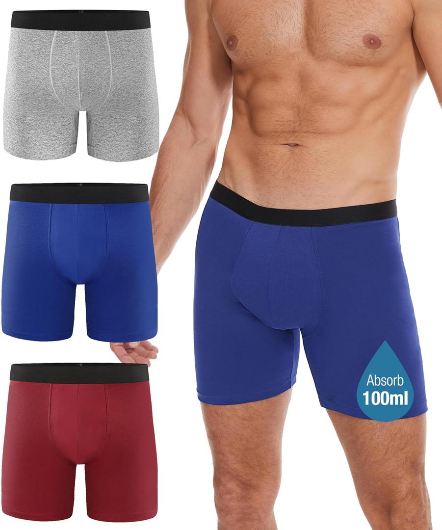 Incontinence Underwear Long Leg For Men, 100ML Absorbent Cotton Washable Leak-Proof Reusable Boxer Brief 3 Pack (US, Alpha, Large, Regular, Regular, Multicolor01)