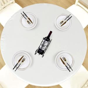 LUSHVIDA Round Waterproof Table Cover Elastic Vinyl Fitted Tablecloth Elastic Edged Plastic Table Cloth (Ivory, Best for Up to 36"-44" Round)