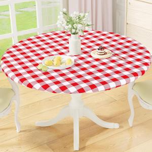 misaya Round Fitted Tablecloth with Elastic Edge, Buffalo Plaid Waterproof Vinyl Flannel Backed Table Cloth Cover Fits 18"-24" Round Tables for Dinner, Outdoor, Picnic, Red White Check
